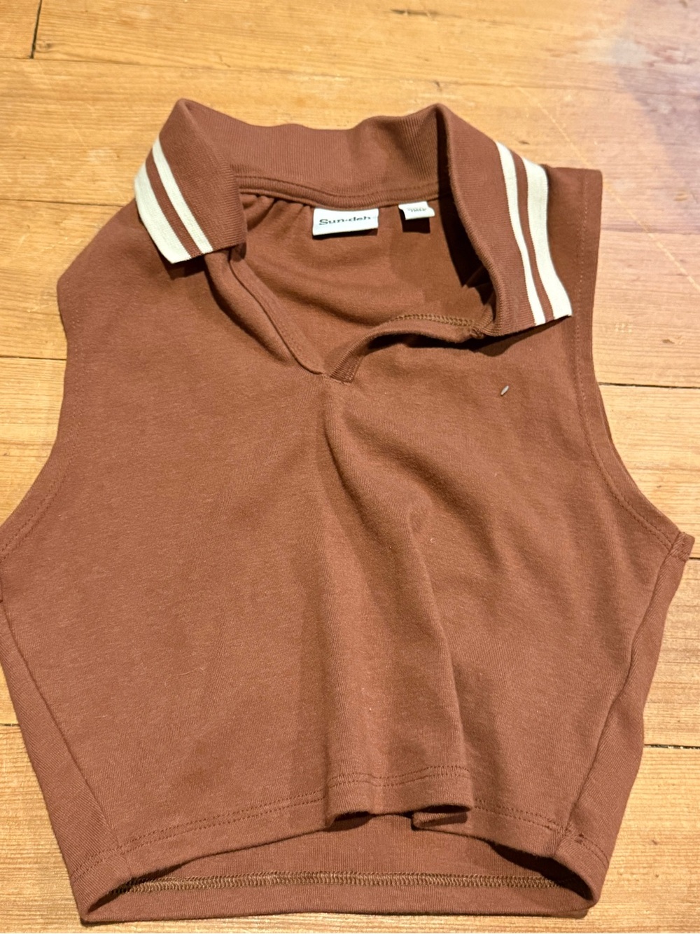 Aritzia Brown Sleeveless Cropped Polo Tank with Ivory Stripe Collar - Picture 1 of 2